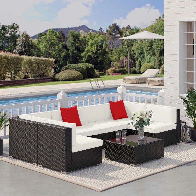 Outsunny Ensemble salon de jardin 7 pièces modulables, coussins déhoussables inclus, table basse avec plateau verre trempé, en résine tressée, brun foncé