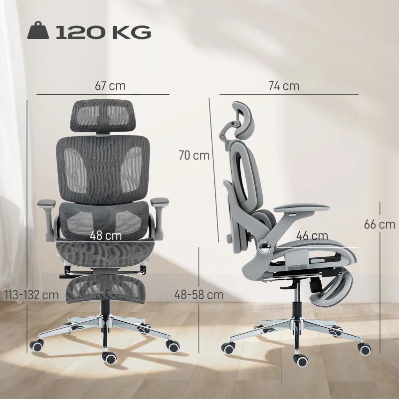 HOMCOM Silla de Oficina Ergonómica con Reposabrazos 4D Reposacabezas y Profundidad de Asiento Ajustables Malla Gris