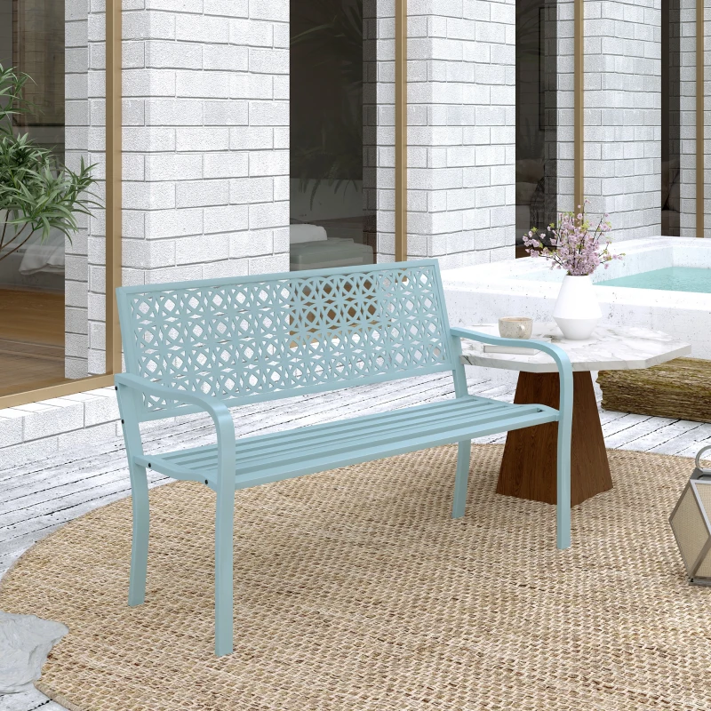 Outsunny Banc de jardin 2 places, banc extérieur jardin en acier avec dossier ajouré, 127 x 63 x 85 cm, bleu