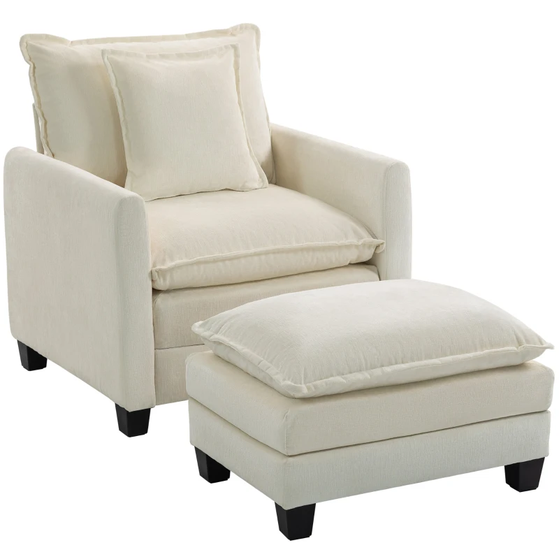 HOMCOM Fauteuil salon avec repose-pied, canapé 1 place en chenille, assise large, rembourrage double couche, 85x128x86cm, crème
