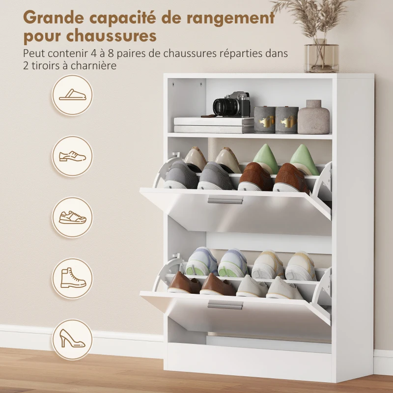 HOMCOM Meuble à chaussures 8 paires, armoire à chaussures, 2 tiroirs rabattables, étagères réglables et compartiment, blanc