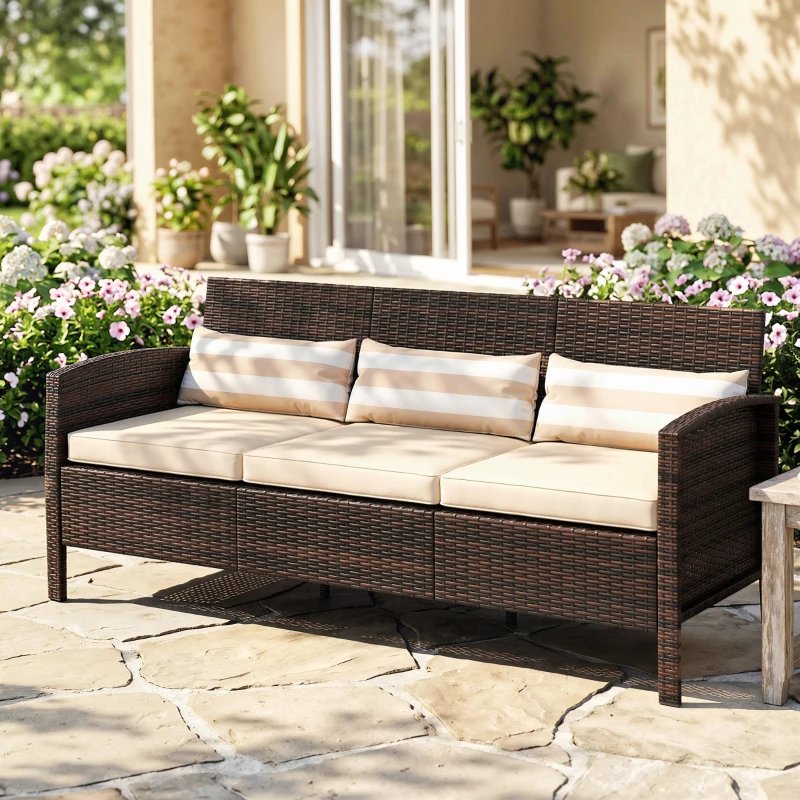 Outsunny Rattan Sofa mit Kissen, Dreisitzer, Garten Loungesofa, Stahl, Braun, 173 x 68 x 78 cm