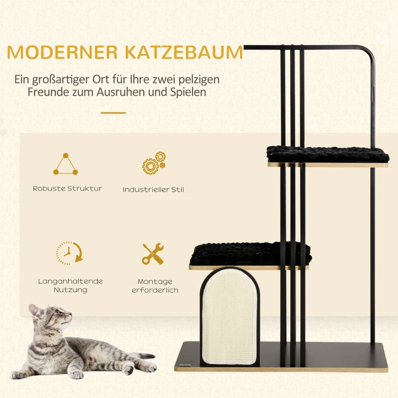 PawHut krabpaal, industrieel ontwerp, 2 platformen, 2 kussens, kraswand, stalen frame, zwart, 85 x 48 x 128 cm