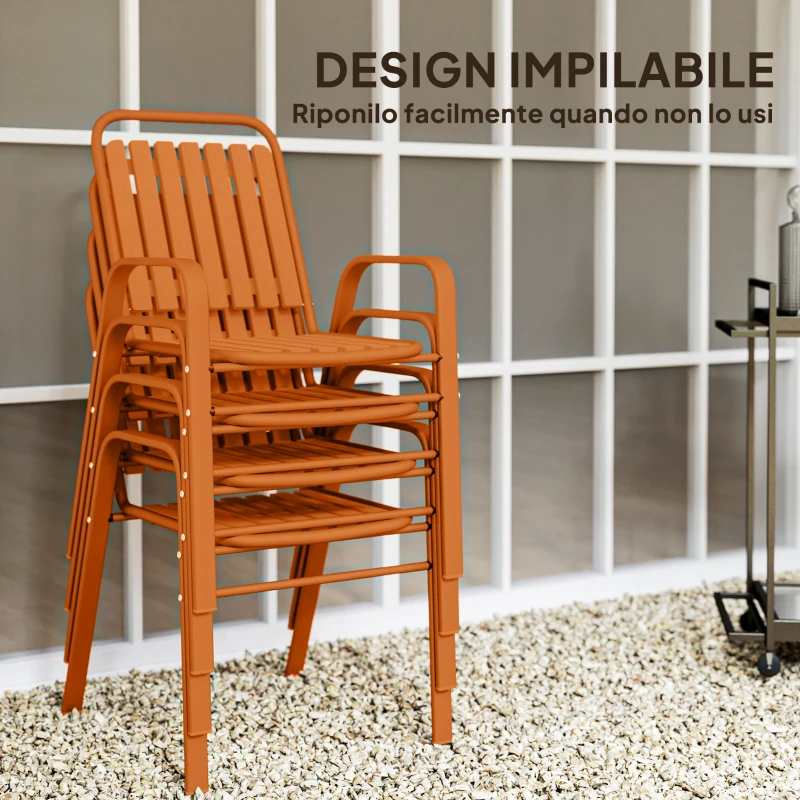 Outsunny Set 4 Sedie da Giardino Impilabili con Schienale Alto e Braccioli, in PP e Acciaio, 56x66x91 cm, Arancione