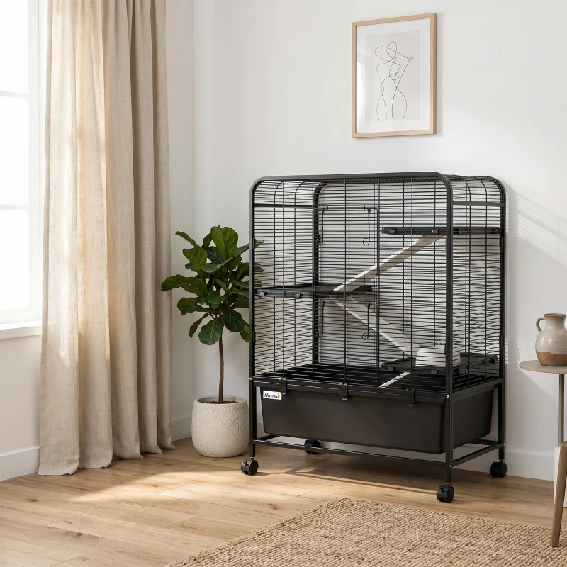 PawHut Cage pour Rongeurs sur Roulantes, 4 Niveaux, 3 Plateformes, 3 Rampes, Bouteille d'Eau, 75x46x94,5cm, Noir