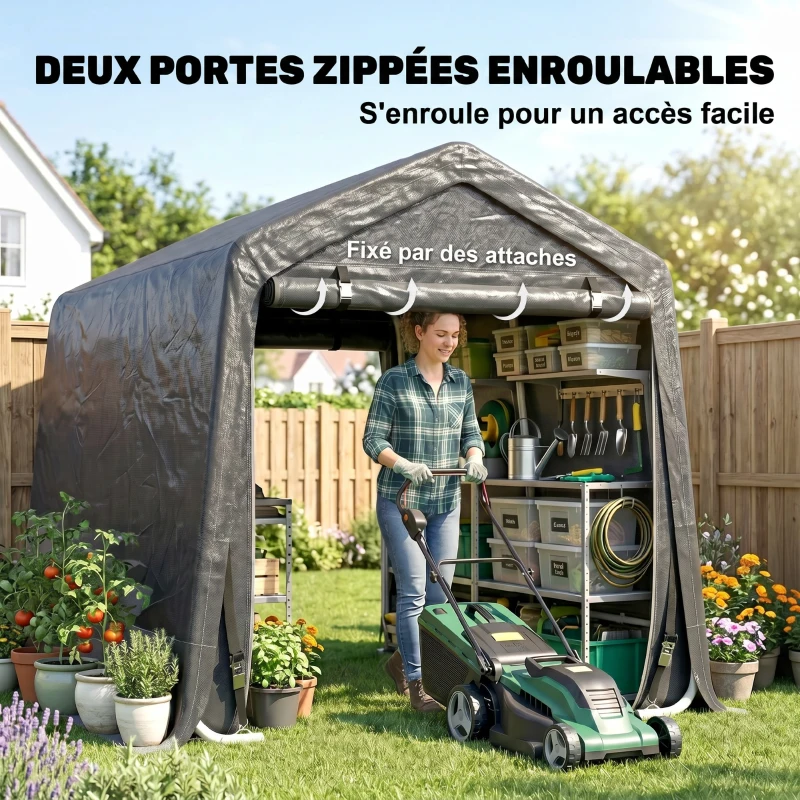 Outsunny Abri de jardin tente de stockage 2 portes zippées cadre métallique 280 x 240 x 240 cm gris foncé