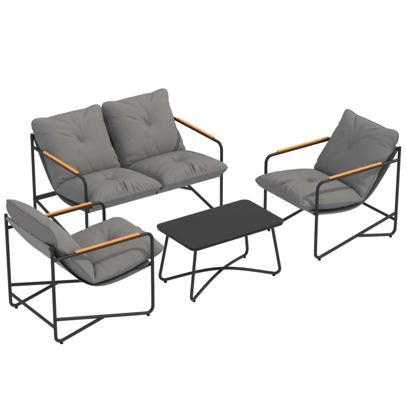 Outsunny Salon de Jardin 4 Pièces Ensemble avec Canapé 2 Places, 2 Fauteuils et Table Basse Verre Trempé Coussins 13cm Gris Clair