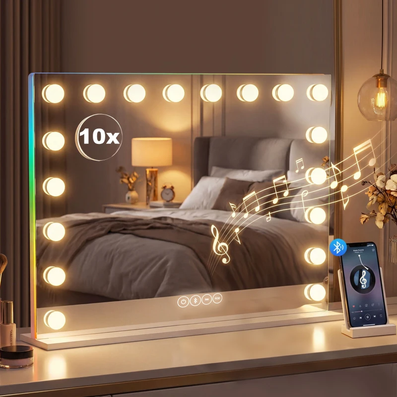 HOMCOM Miroir maquillage Hollywood 18 ampoules LED, 3 couleurs d'éclairage, lumière RGB, haut-parleur Bluetooth, blanc