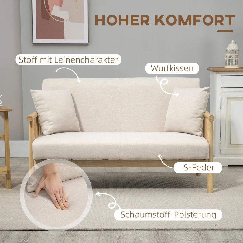 HOMCOM 2-zitsbank, stofbekleding in linnenlook, compact, tot 200 kg, houten frame, 123L x 69B x 74H cm, beige