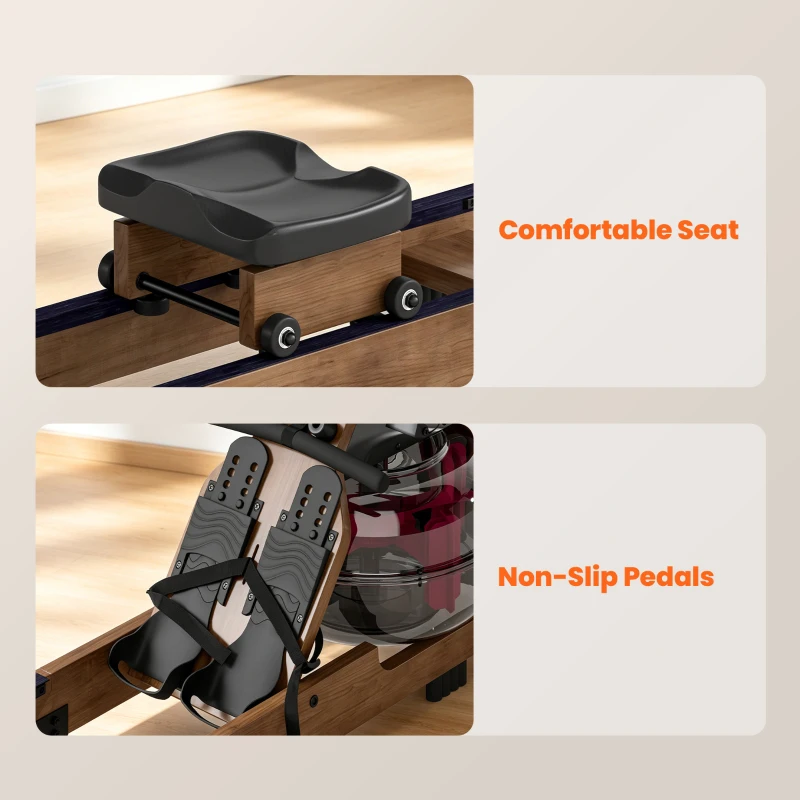 SPORTNOW Rameur à Eau Rameur Appartement Pliable Double Rail Aluminium Capacité 158kg Connexion Bluetooth 182x42x67cm Chêne