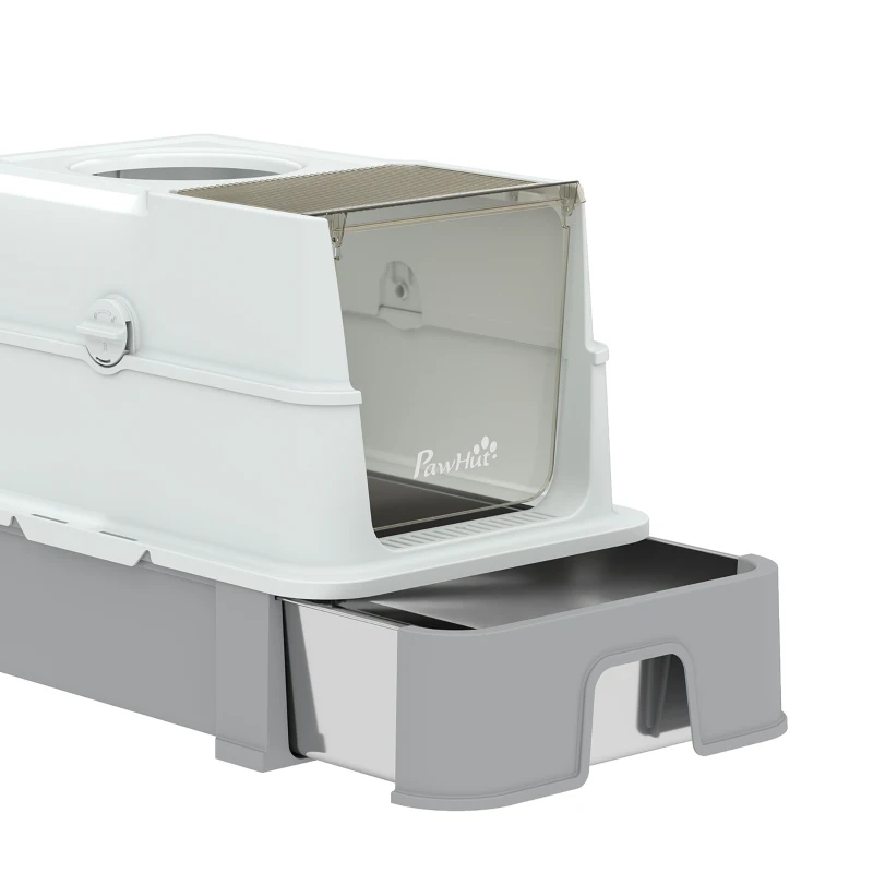 PawHut Caja de Arena para Gato con Tapa Extraíble, Cajón Deslizante, Pala, 2 Bolsas Filtrantes y Pedal, 60x40x45cm, Gris