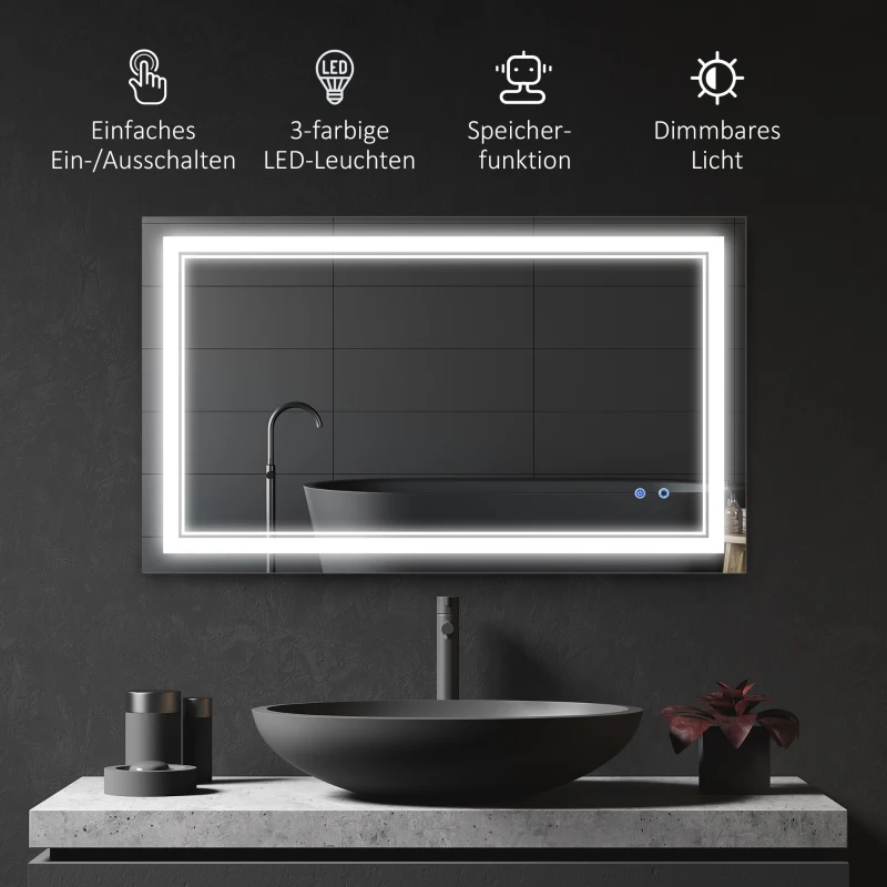 kleankin Badkamerspiegel met LED-verlichting, geheugenfunctie, aanraakschakelaar, spatwaterdicht, zilver