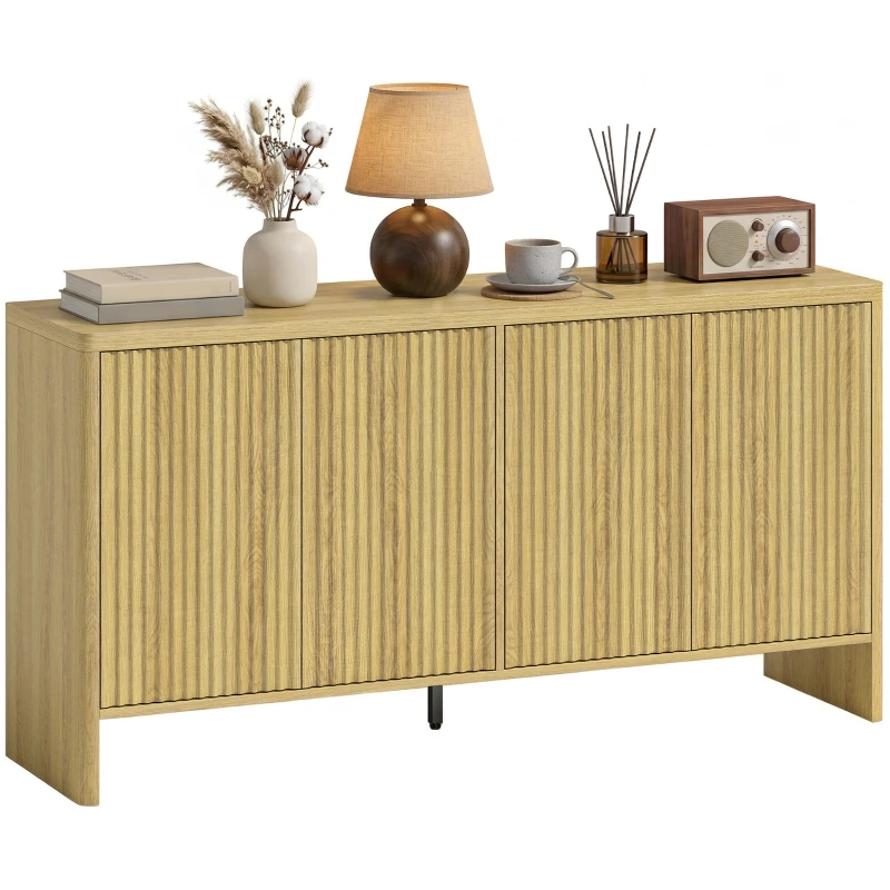 HOMCOM Buffet salon, meuble de rangement avec 4 portes rainurées, étagère réglable, ouverture par pression, 147x40x77cm, chêne