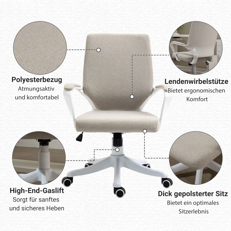 Vinsetto kantoorstoel draaistoel in hoogte verstelbaar dikke bekleding polyester beige + wit(m-6)