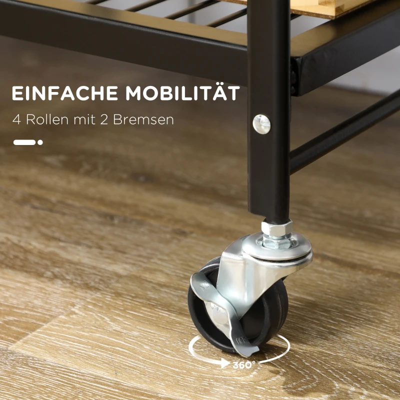 HOMCOM Keukenwagen in industrieel design met 3 schappen, multifunctionele trolley, serveerwagen, 4 wielen, opvouwbaar, bruin+zwart