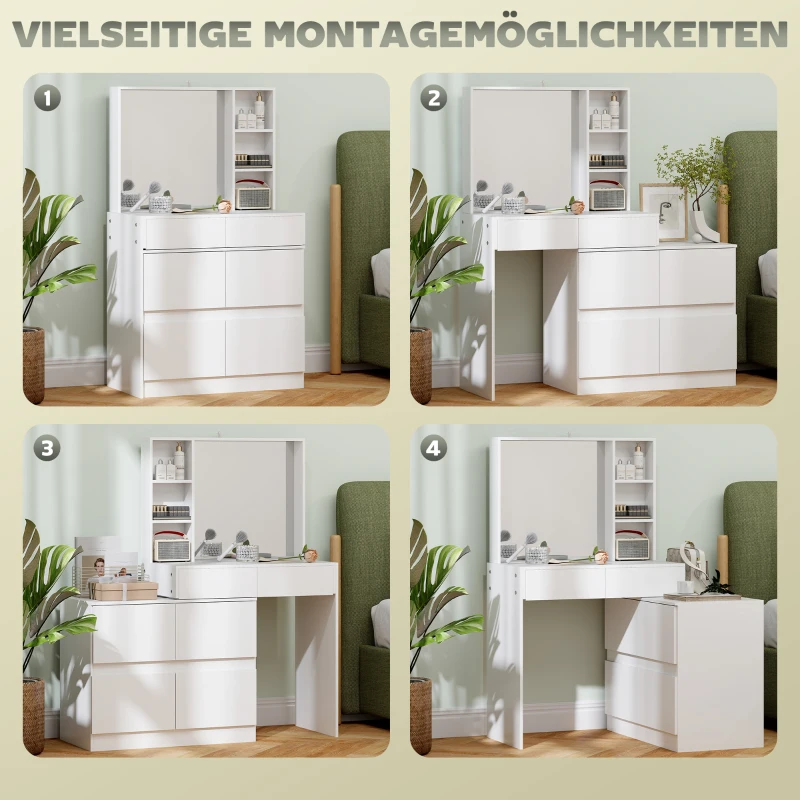 HOMCOM Schminktisch, Make-up-Tisch mit großem Spiegel, 4 Schubladen, 3 offene Fächer, 2 Schränke, MDF, Weiß(m-6)