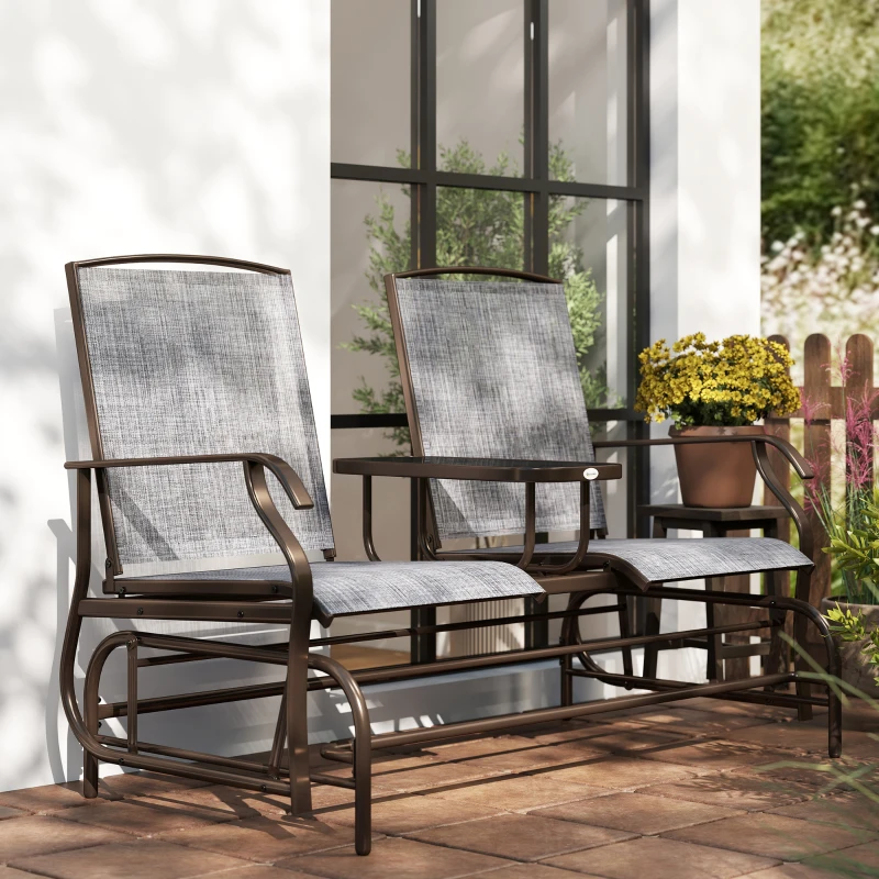 Outsunny Metaal tuinbank schommelstoel tuinstoel 2-zits met tafel schommel bruin