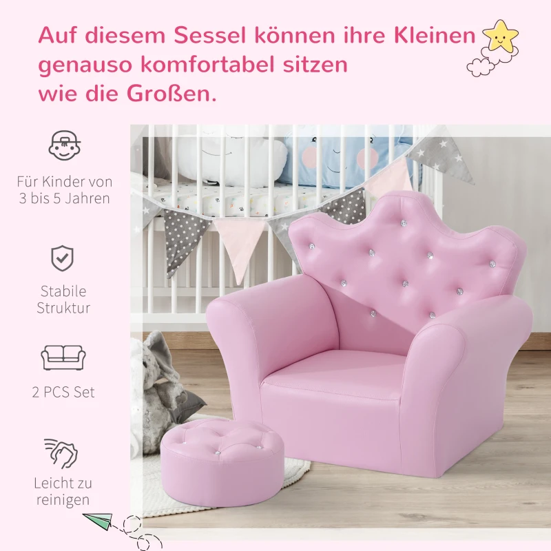 HOMCOM Kinderstoel kinderbank zachte kinderbank voor meisjes met kristallen knopen kruk roze