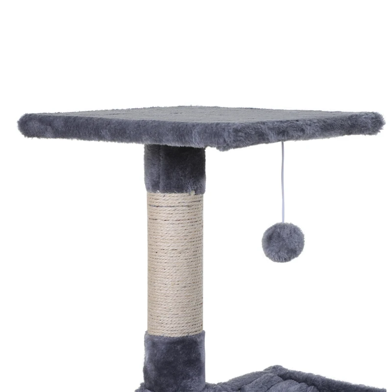 PawHut Kattenboom 3 verdiepingen krabpaal kattenbed met hangmat sisal paal pluche grijs(m-11)
