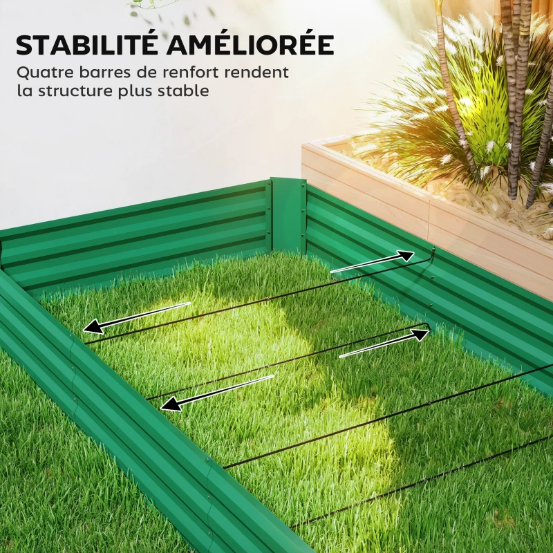 Outsunny Jardinière extérieure carré potager galvanisée avec bordure de sécurité et fond ouvert 240 x 120 x 30 cm vert