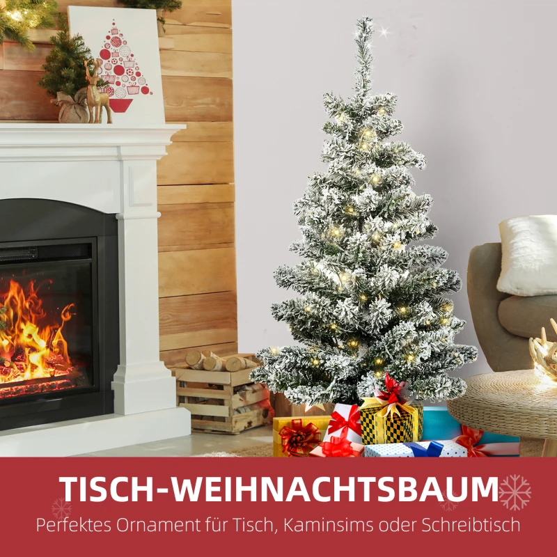 HOMCOM Mini-kerstboom Ø40x90 cm, Kunst Sneeuw, 60 LEDs, Brandvertragend, Kunststof, Groen/Wit