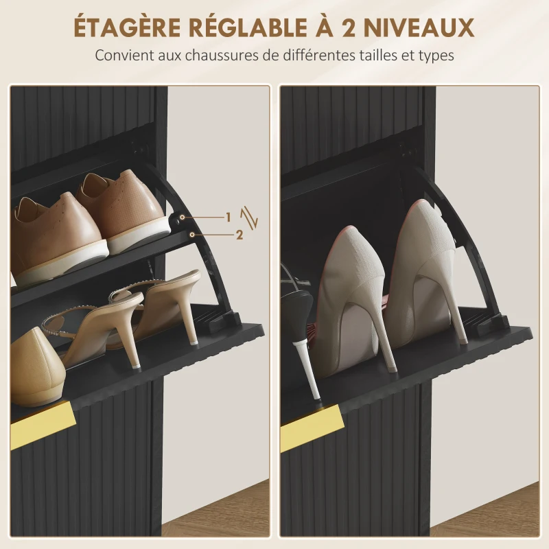 HOMCOM Meuble à chaussures 18 paires avec 3 tiroirs rabattables, portes cannelées et étagères réglables, 60x24x122,5cm, noir