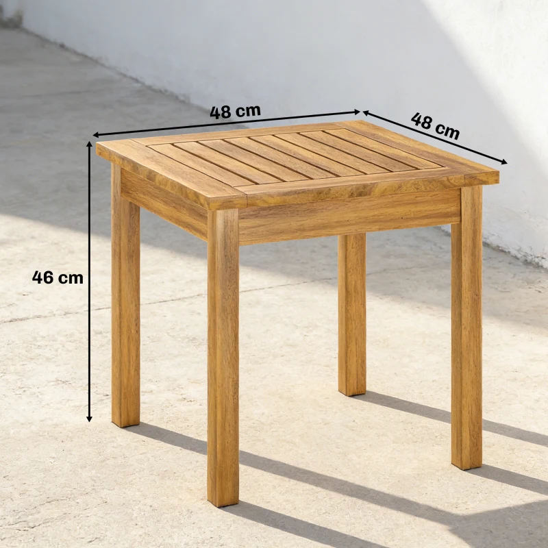 Outsunny Table Basse de Jardin Carrée en Bois d'acacia Massif, avec Plateau à Lattes, Pieds Réglables, 48x48x46cm, Naturel
