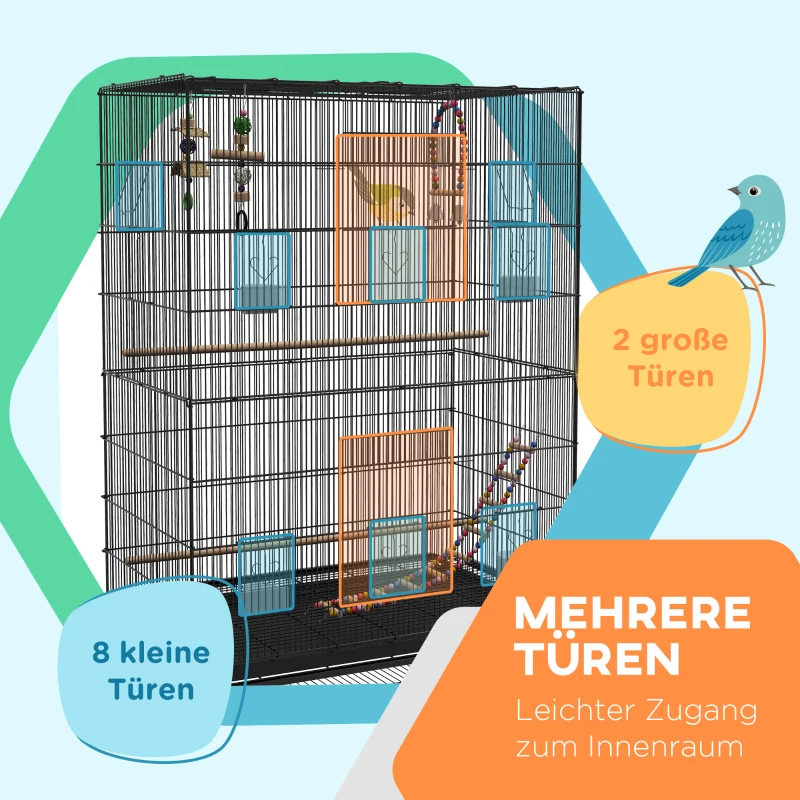 PawHut Vogelkooi inclusief zitstokken, vogelspeelgoed, uitneembare vloerbak, zwart