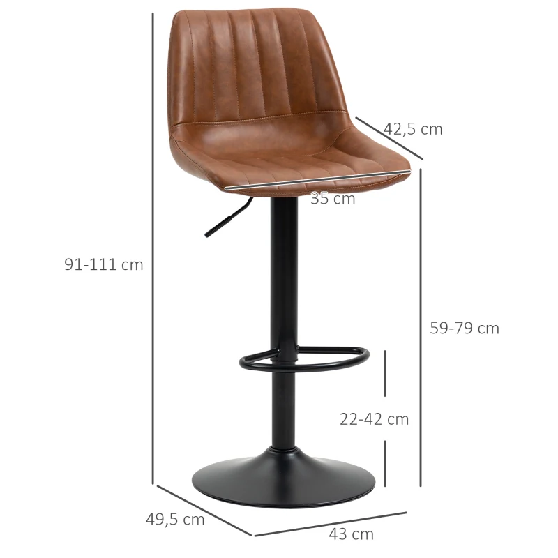 HOMCOM Set van 2 barkrukken in retrodesign, met voetsteun, in hoogte verstelbaar, 43 cm x 49,5 cm x 111 cm