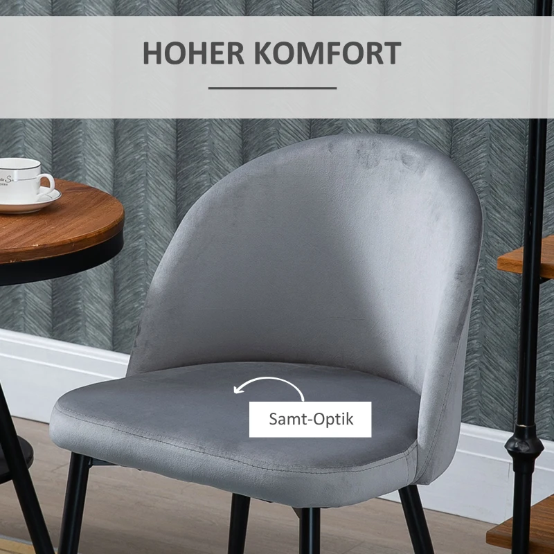 HOMCOM Set van 2 eetkamerstoelen keukenstoel gestoffeerde stoel fluweel metaal grijs