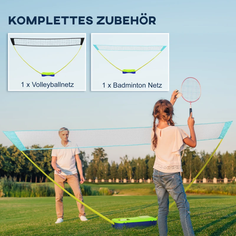 SPORTNOW Badminton-Net-Set Volleybal-Net-Set, 3-delig Set, 400 cm x 22,4 cm x 155 cm, Zwart + Blauw + Groen