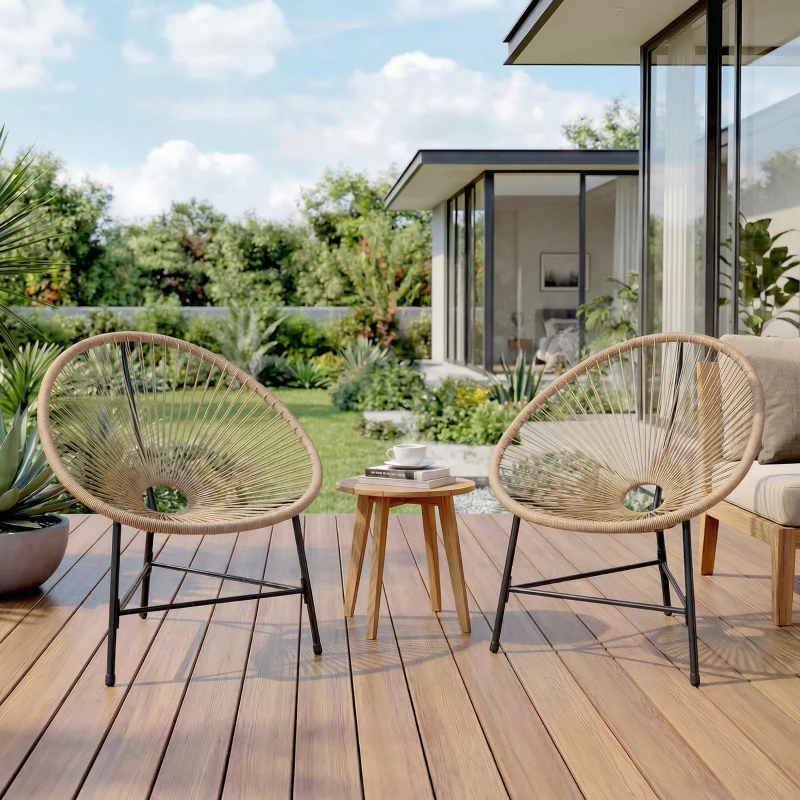 Outsunny Lot de 2 Fauteuils de Jardin Acapulco Résine Tressée, Structure Triangulaire en Acier, Charge 120 kg, 72x68x81cm, Naturel