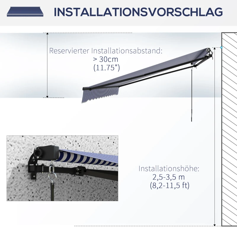 Outsunny Terraszonnescherm - Zonnescherm voor terras, inclusief handkruk, weerbestendig, 365 cm x 300 cm, Blauw + Wit