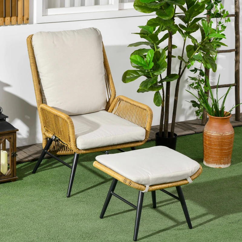 Outsunny Polyrattan Gartenstuhl und Hocker, verstellbare Lehne, Hellbraun/Grau/Schwarz