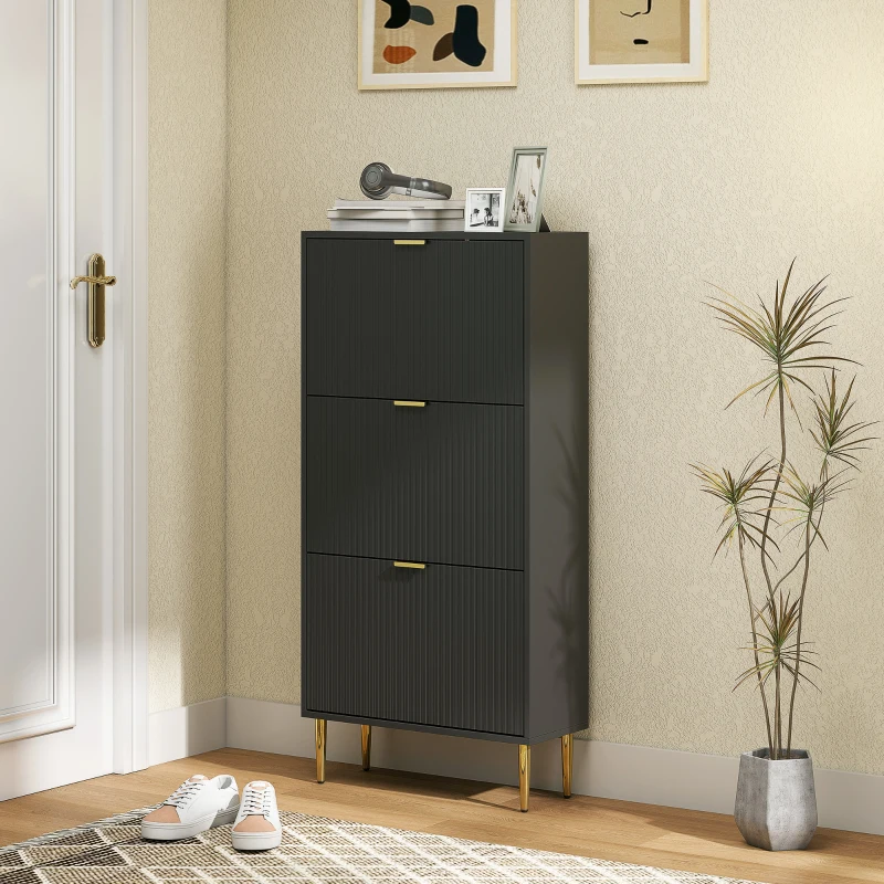HOMCOM Meuble à chaussures 18 paires avec 3 tiroirs rabattables, portes cannelées et étagères réglables, 60x24x122,5cm, noir