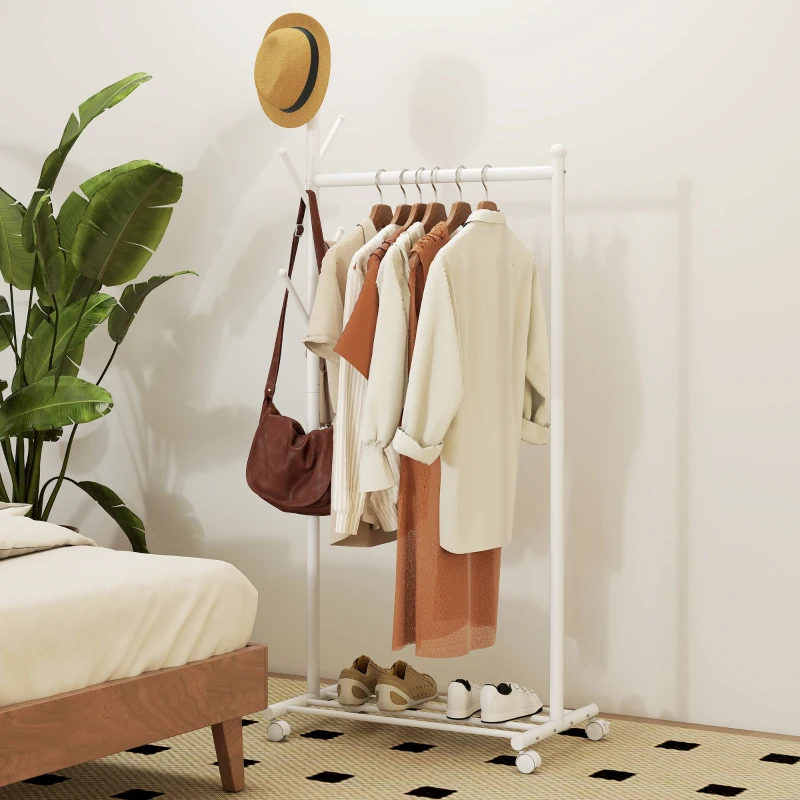 HOMCOM Portant à vêtements, porte-manteau sur roulettes avec étagère à chaussures et 5 crochets, 68 x 43 x 171 cm, blanc