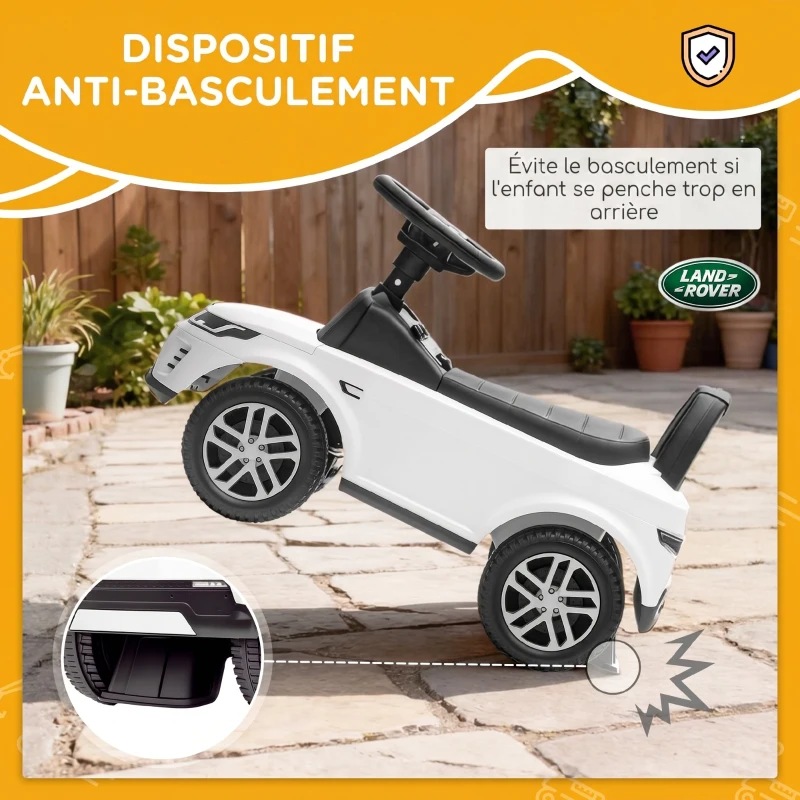 AIYAPLAY Porteur enfants voiture sous licence Land Rover, véhicule à pousser, klaxon, sons de moteur, rangement sous siège, blanc