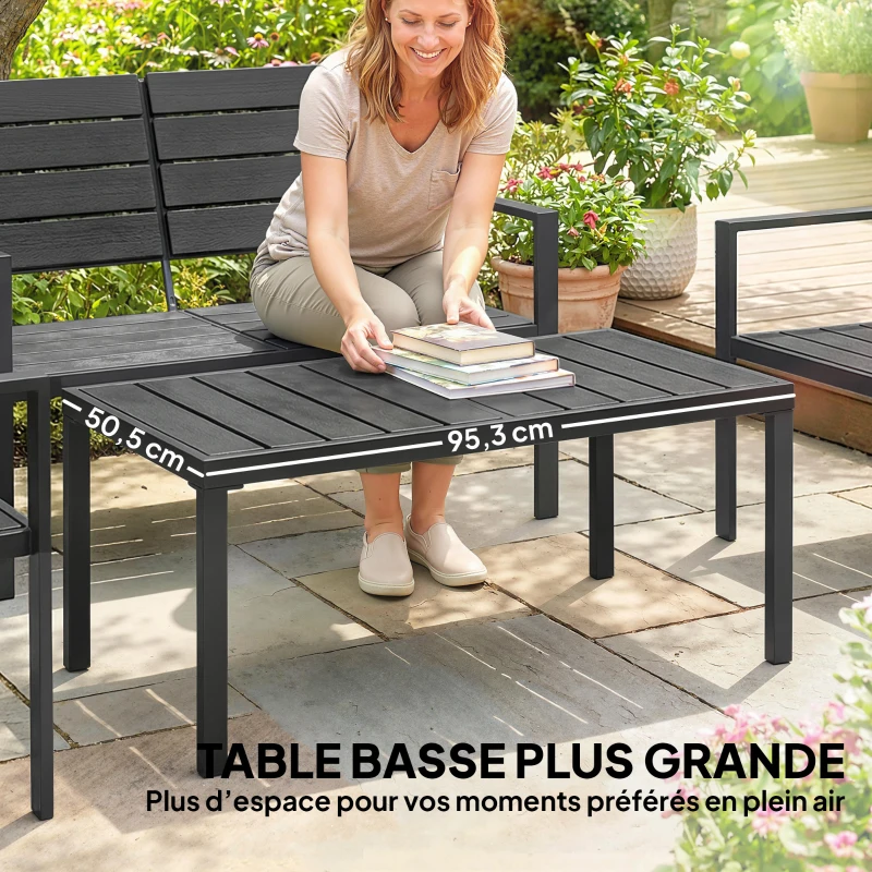 Outsunny Salon de jardin extérieur 4 pièces canapé 2 places, 2 chaises et table basse, mobilier de jardin terrasse veranda, noir