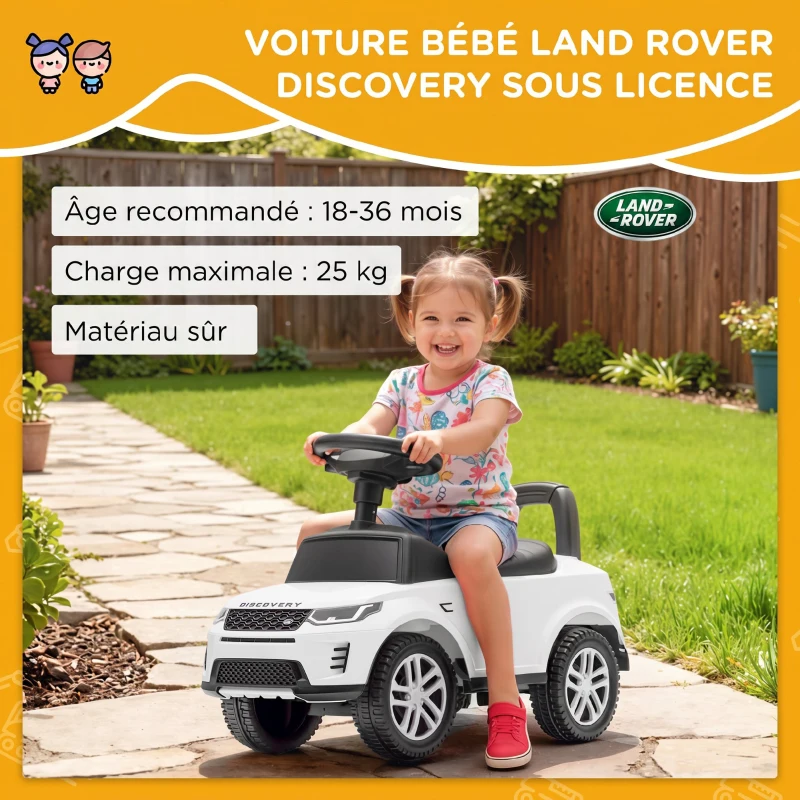 AIYAPLAY Porteur enfants voiture sous licence Land Rover, véhicule à pousser, klaxon, sons de moteur, rangement sous siège, blanc