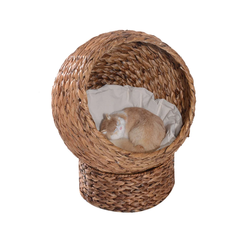 PawHut kattenmand rotan kattennest kattenbed met kussen huisdierbed bruin