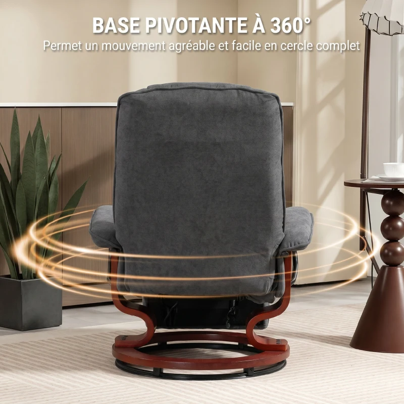 HOMCOM Fauteuil relax inclinable repose-pieds réglable pivotant 360° piètement bois tissu aspect lin gris