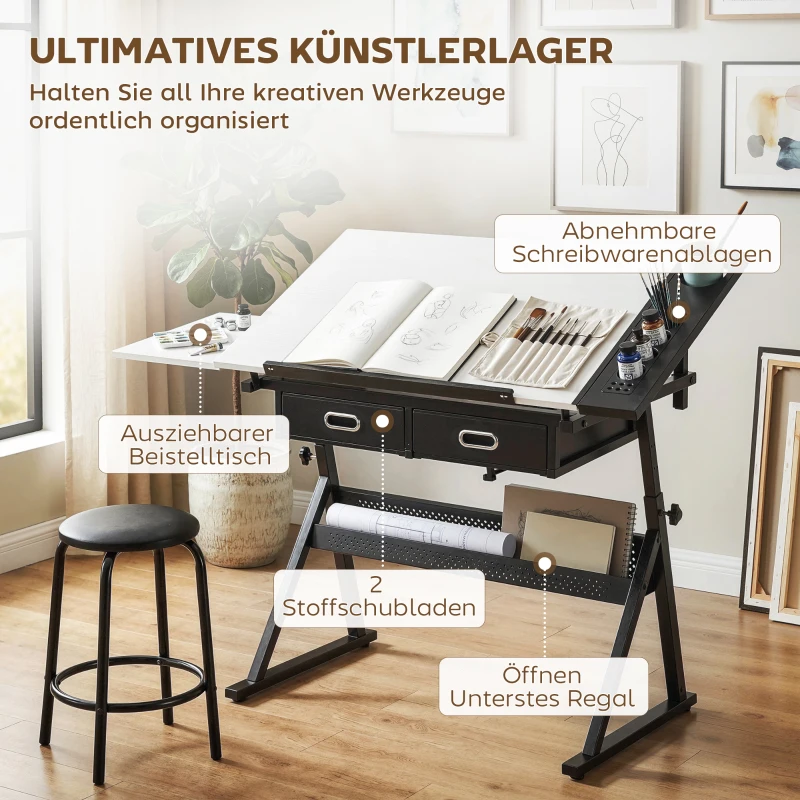 HOMCOM Verstelbare Tekentafel, Werktafel met Kruk en Lades, Wit