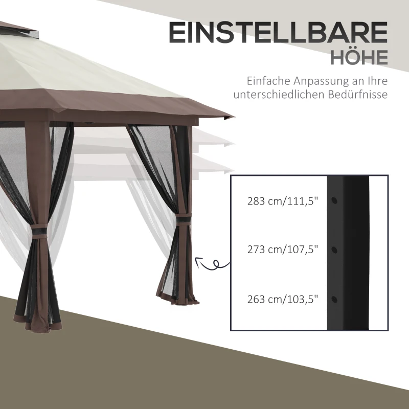 Outsunny Opvouwbare paviljoen, verstelbare hoogte, 4 netwanden, ventilatiedak, draagtas, snelle montage, 4 x 4 x 3 m, beige