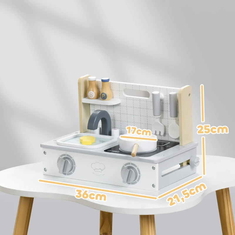AIYAPLAY houten kinderkeuken speelkeuken met etenswaren, spoelbak & accessoires speelgoedkeuken poppenkeuken speelset voor kinderen cadeau voor meisjes en jongens 3-5 jaar grijs