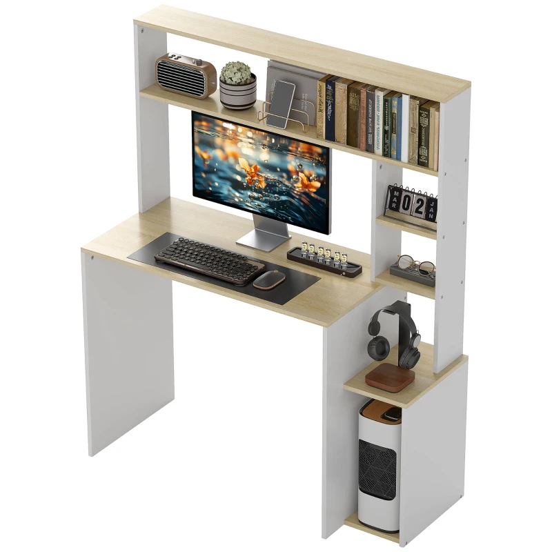 HOMCOM Computertisch, Schreibtisch mit offenen Regalen und Ablagefächern, aus Stahl, Hellbraun+Weiß(m-10)