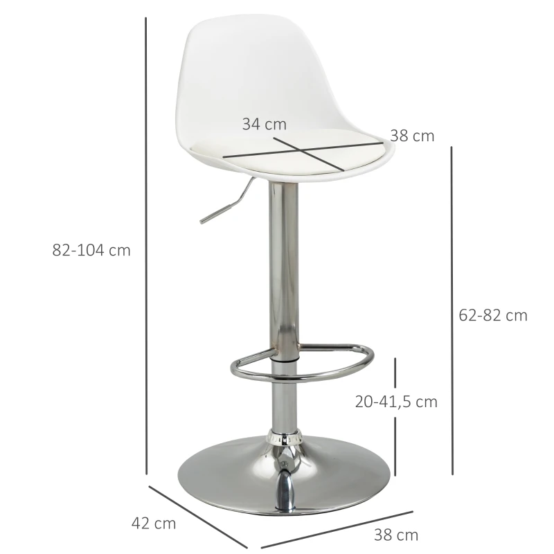 HOMCOM Set van 2 barkrukken, draaibare barstoelen met rugleuning, in hoogte verstelbaar, belastbaar tot 120 kg, 41 x 42 x 82-104 cm, wit