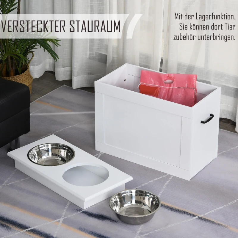 PawHut Hondenvoerbak met opbergruimte 2 bakken, voerstation, etensbak voor katten, MDF roestvrij staal