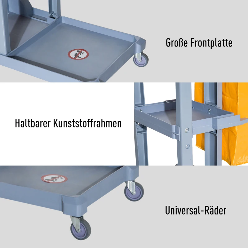 HOMCOM Schoonmaakwagen schoonmaaktrolley systeemwagen met vuilniszak 3 vakken, grijs