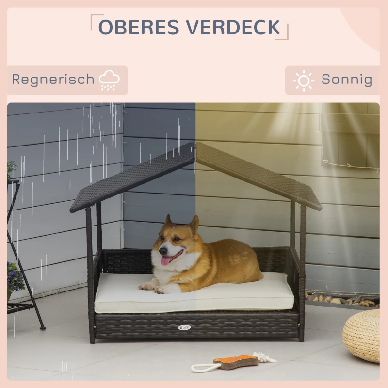 PawHut Rotan hondenhok hondenbed met kussen in de vorm van een huis hondenhok voor buiten stalen frame PP(m-6)