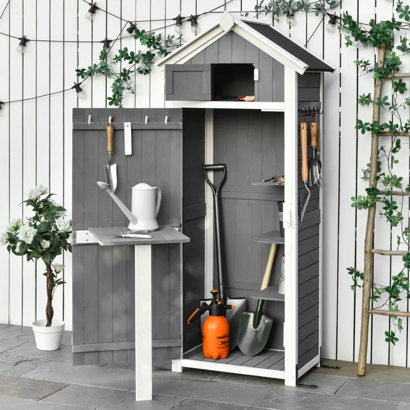 Outsunny gereedschapsschuur met deur dak gereedschapsschuur klaptafel grijs vurenhout(m-2)